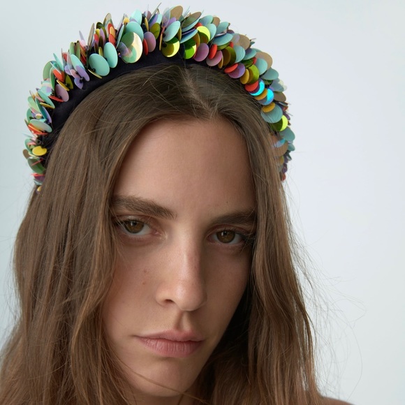 ZARA Padded Headband XL Wide Large Sequin Multicolored Green Rainbow Size Medium - Picture 3 of 12